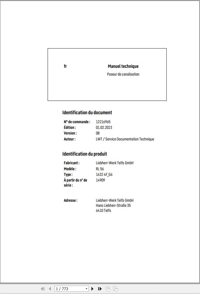 Liebherr Pipe Layer RL56 1632 4F G6 Technical Manual FR 1