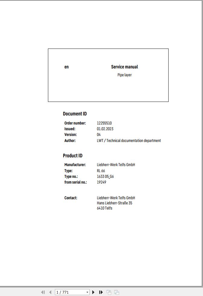 Liebherr Pipe Layer RL66 1633 05 G6 Service Manual 1