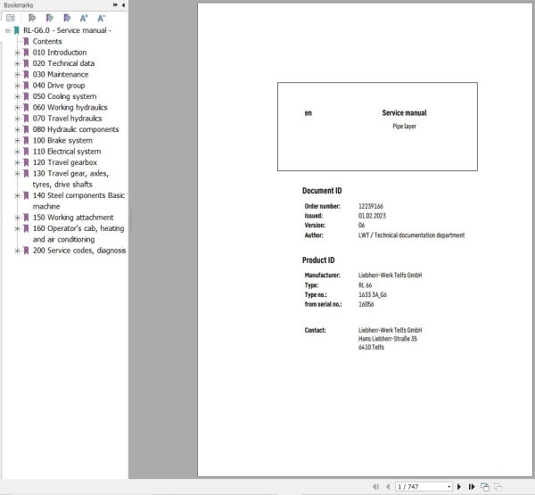 Liebherr Pipe Layer RL66 1633 3A G6 Service Manual 12239166 1