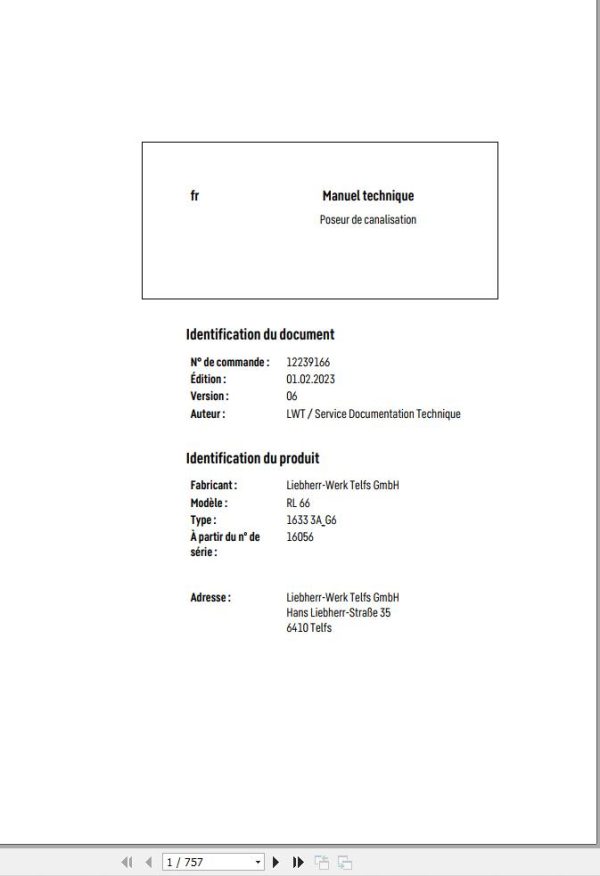Liebherr Pipe Layer RL66 1633 3A G6 Technical Manual FR 1