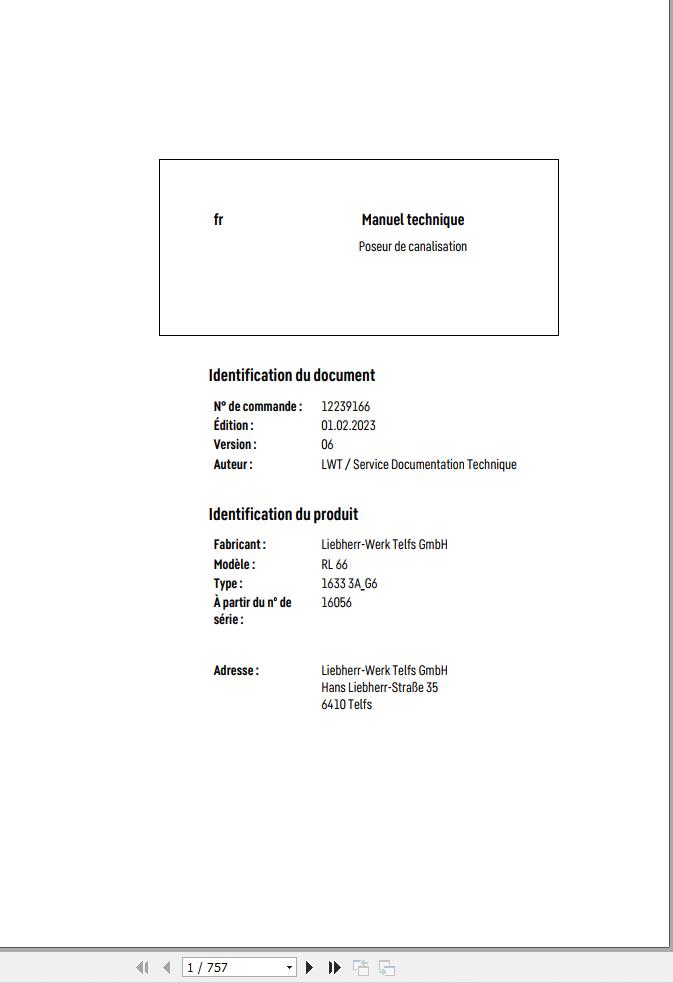 Liebherr Pipe Layer RL66 1633 3A G6 Technical Manual FR 1