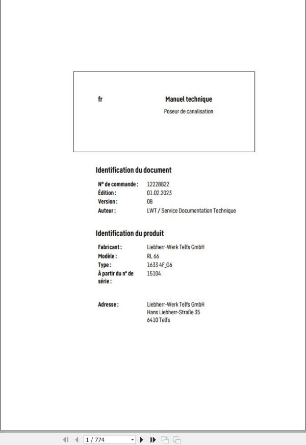 Liebherr Pipe Layer RL66 1633 4F G6 Technical Manual FR 1
