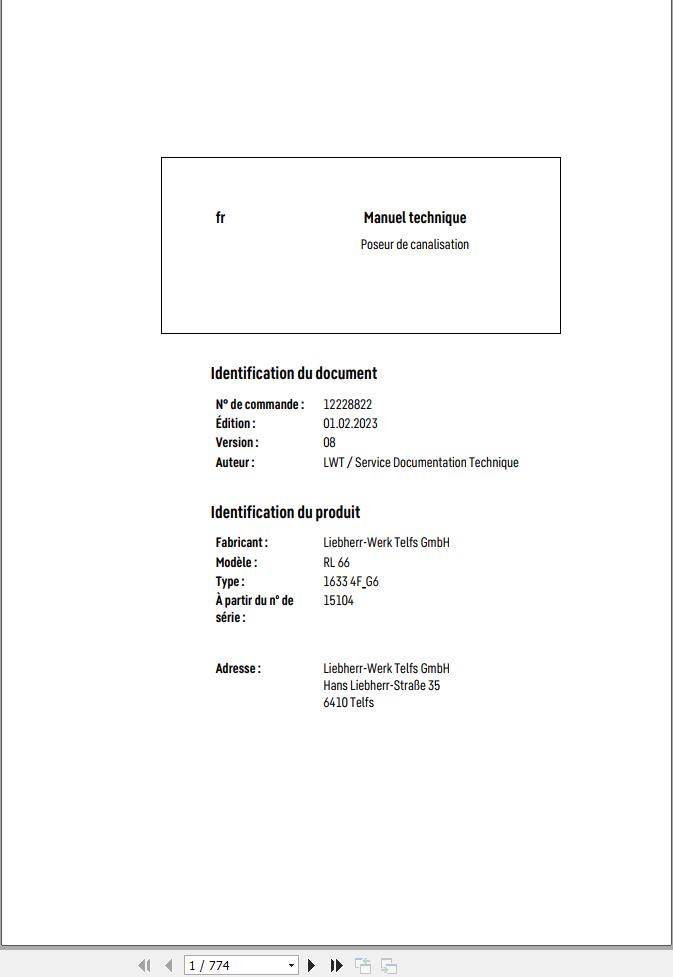 Liebherr Pipe Layer RL66 1633 4F G6 Technical Manual FR 1