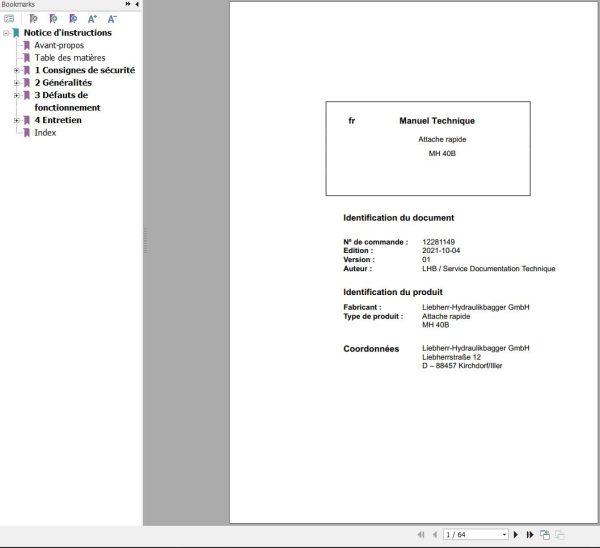 Liebherr Quick Release MH40B Technical Manual FR 1