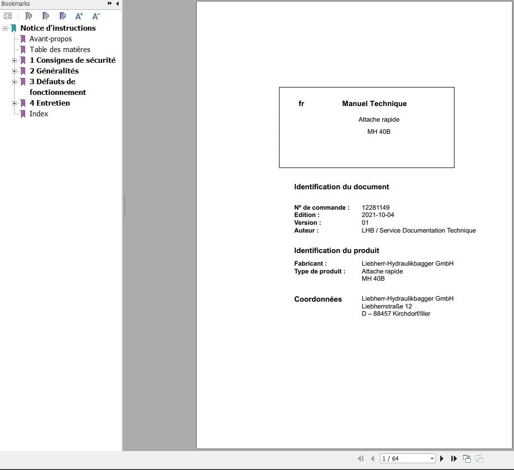 Liebherr Quick Release MH40B Technical Manual FR 1