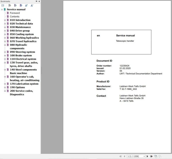 Liebherr Telescopic Handler T32 7 1666 3AS Service Manual 12235424 2020 1