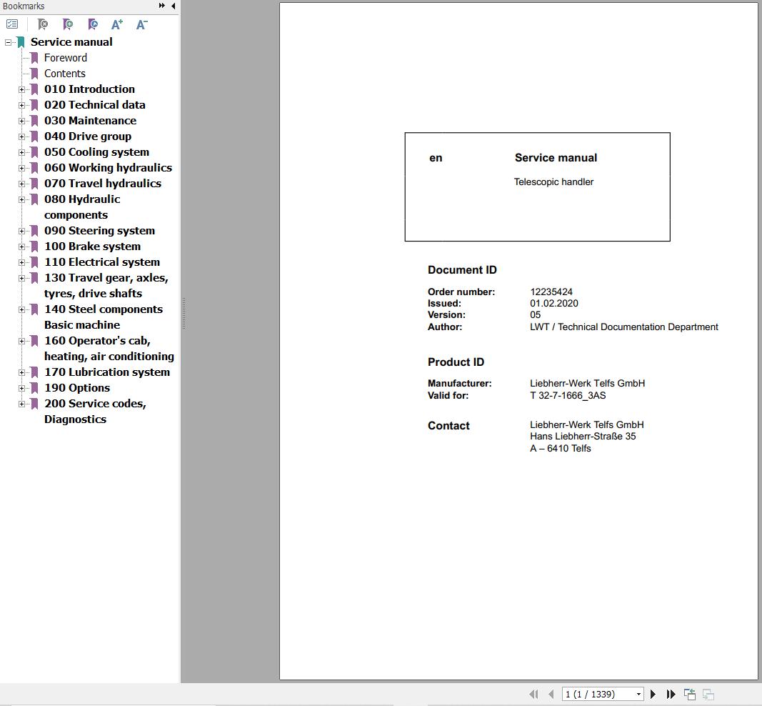Liebherr Telescopic Handler T32 7 1666 3AS Service Manual 12235424 2020 1
