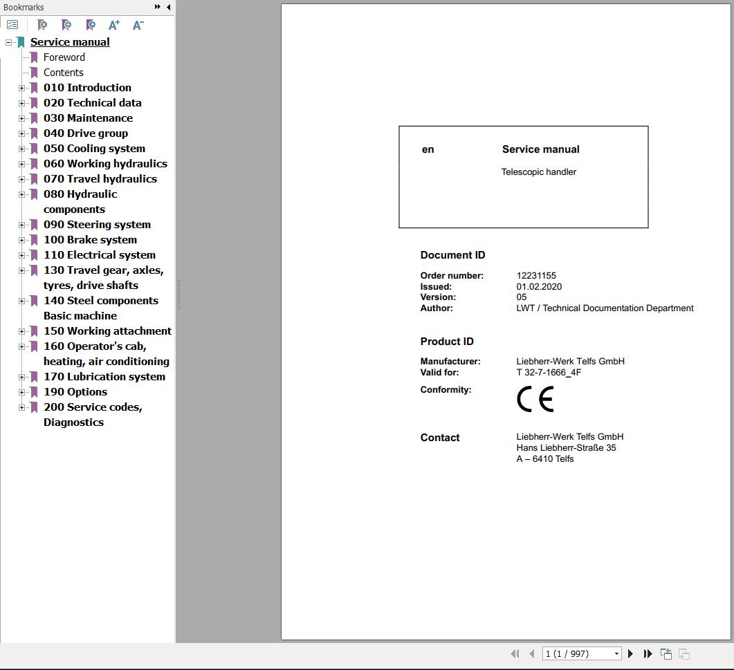 Liebherr Telescopic Handler T32 7 1666 4F Service Manual 12231155 2020 1