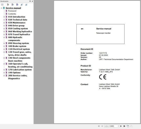 Liebherr Telescopic Handler T32 7 1666 4FS Service Manual 12217173 2020 1