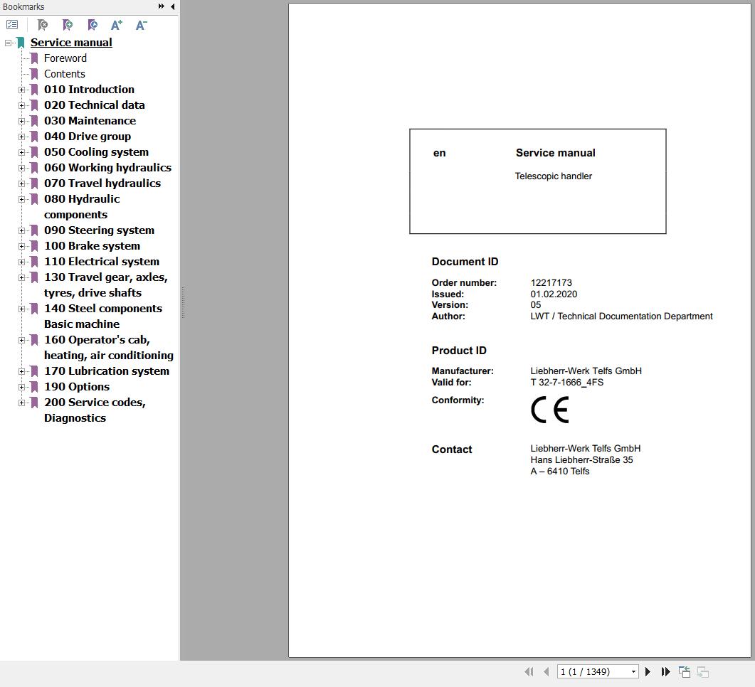 Liebherr Telescopic Handler T32 7 1666 4FS Service Manual 12217173 2020 1