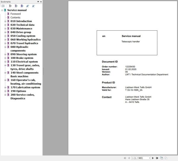 Liebherr Telescopic Handler T33 10 1695 3A Service Manual 12235430 2020 1