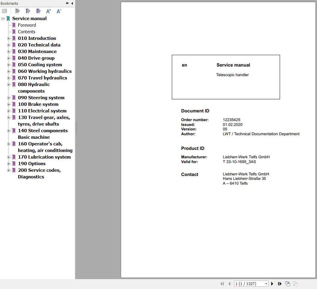 Liebherr Telescopic Handler T33 10 1695 3AS Service Manual 12235425 2020 1