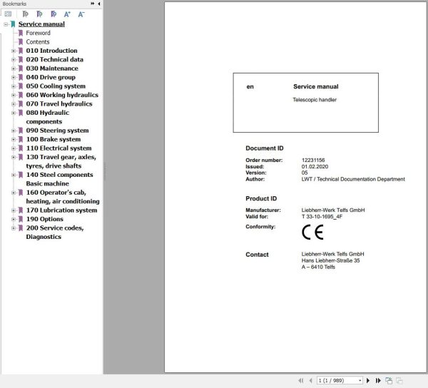 Liebherr Telescopic Handler T33 10 1695 4F Service Manual 12231156 2020 1
