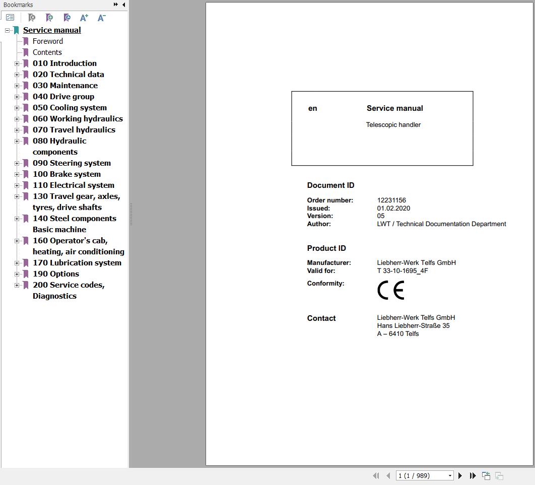 Liebherr Telescopic Handler T33 10 1695 4F Service Manual 12231156 2020 1