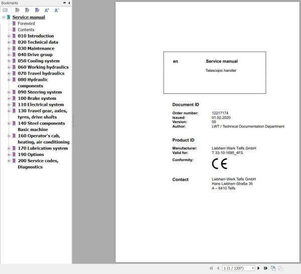 Liebherr Telescopic Handler T33 10 1695 4FS Service Manual 12217174 2020 1