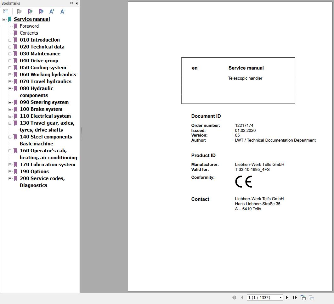 Liebherr Telescopic Handler T33 10 1695 4FS Service Manual 12217174 2020 1
