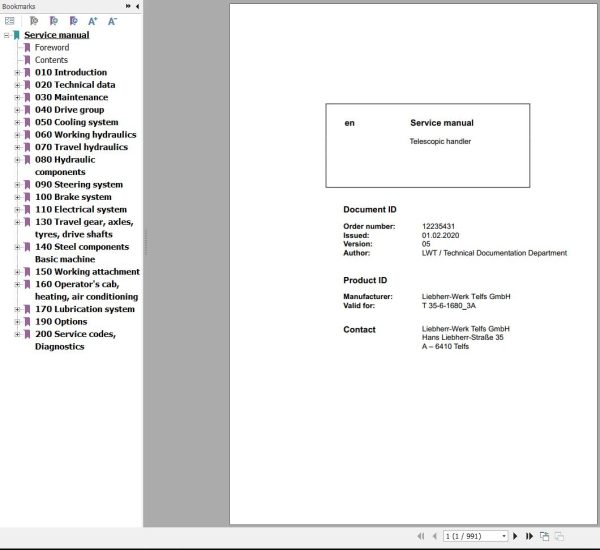 Liebherr Telescopic Handler T35 6 1680 3A Service Manual 12235431 2020 1