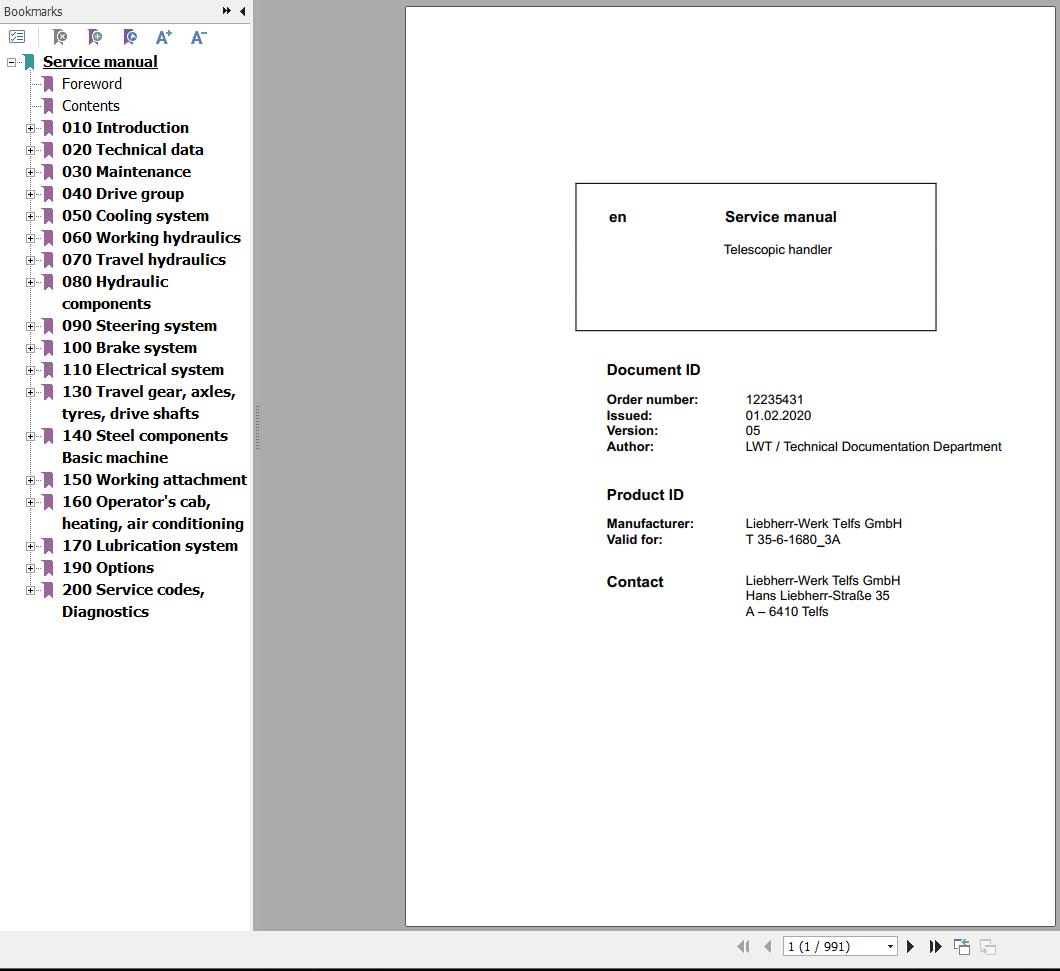 Liebherr Telescopic Handler T35 6 1680 3A Service Manual 12235431 2020 1