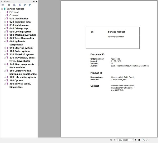 Liebherr Telescopic Handler T35 6 1680 3AS Service Manual 12235426 2020 1