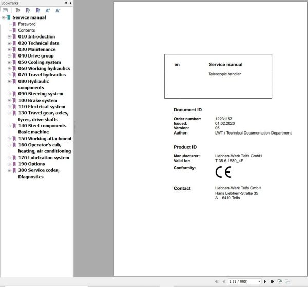Liebherr Telescopic Handler T35 6 1680 4F Service Manual 12231157 2020 1