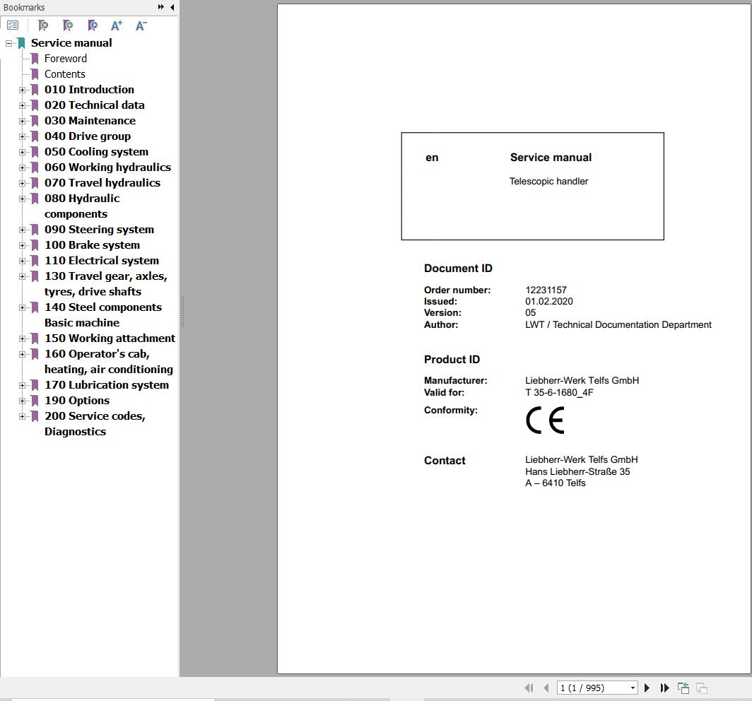 Liebherr Telescopic Handler T35 6 1680 4F Service Manual 12231157 2020 1