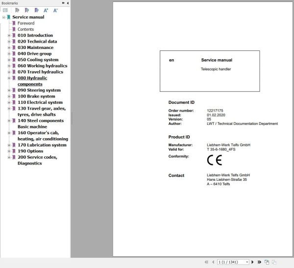 Liebherr Telescopic Handler T35 6 1680 4FS Service Manual 12217175 2020 1