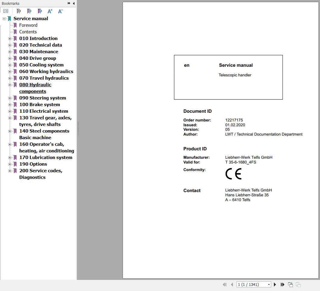 Liebherr Telescopic Handler T35 6 1680 4FS Service Manual 12217175 2020 1