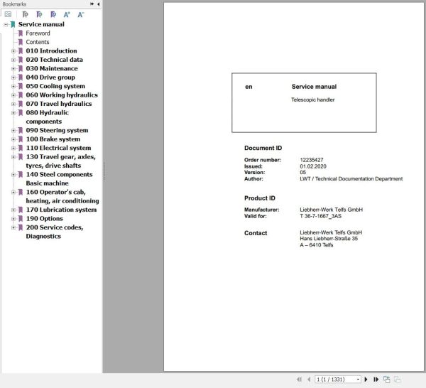 Liebherr Telescopic Handler T36 7 1667 3AS Service Manual 12235427 2020 1