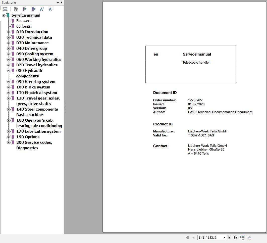 Liebherr Telescopic Handler T36 7 1667 3AS Service Manual 12235427 2020 1