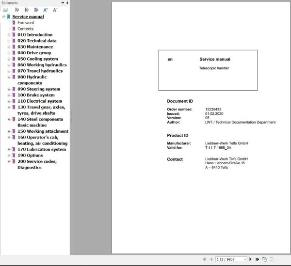 Liebherr Telescopic Handler T41 7 1665 3A Service Manual 12235433 2020 1