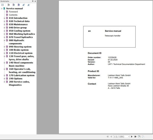 Liebherr Telescopic Handler T41 7 1665 3AS Service Manual 12235428 2020 1