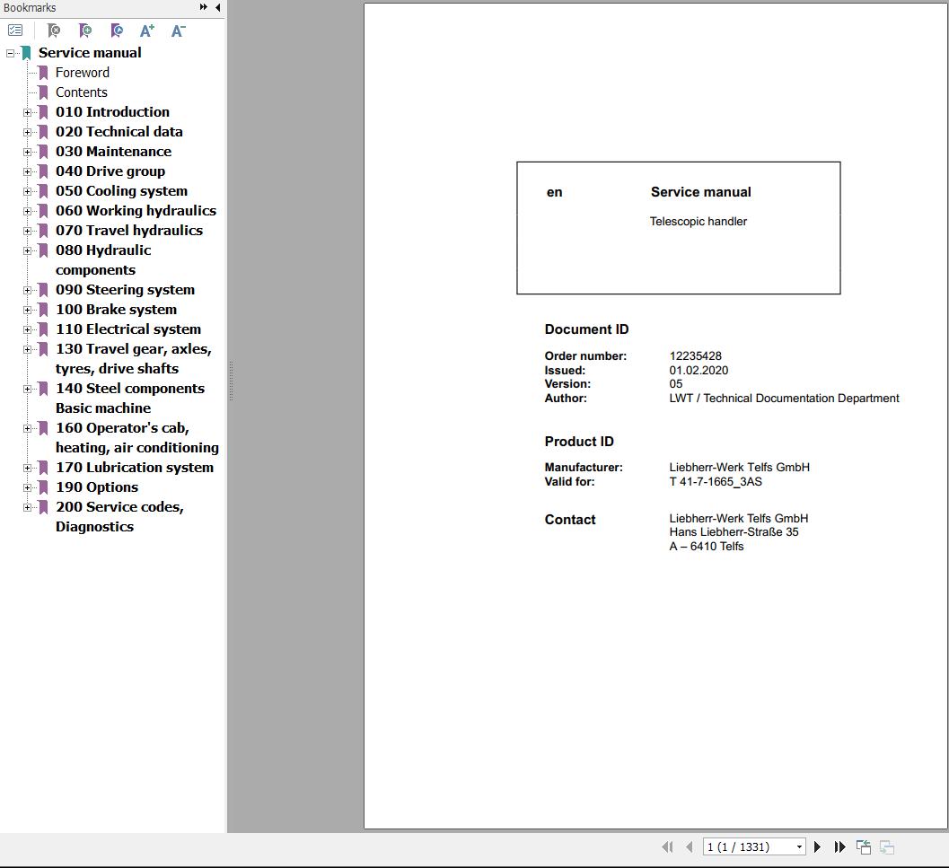 Liebherr Telescopic Handler T41 7 1665 3AS Service Manual 12235428 2020 1