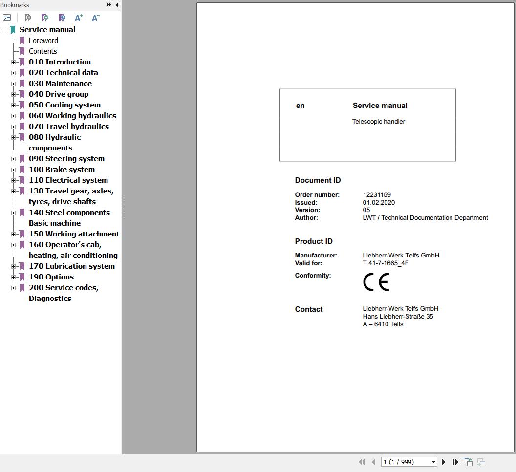 Liebherr Telescopic Handler T41 7 1665 4F Service Manual 12231159 2020 1