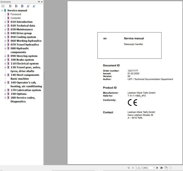 Liebherr Telescopic Handler T41 7 1665 4FS Service Manual 12217177 2020 1