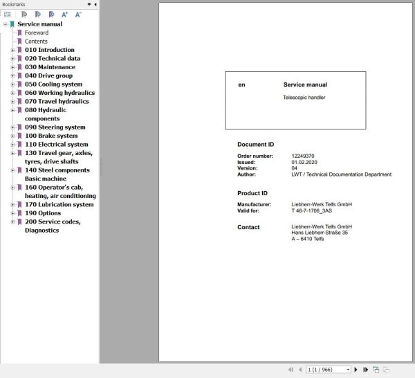 Liebherr Telescopic Handler T46 7 1706 3AS Service Manual 12249370 2020 1