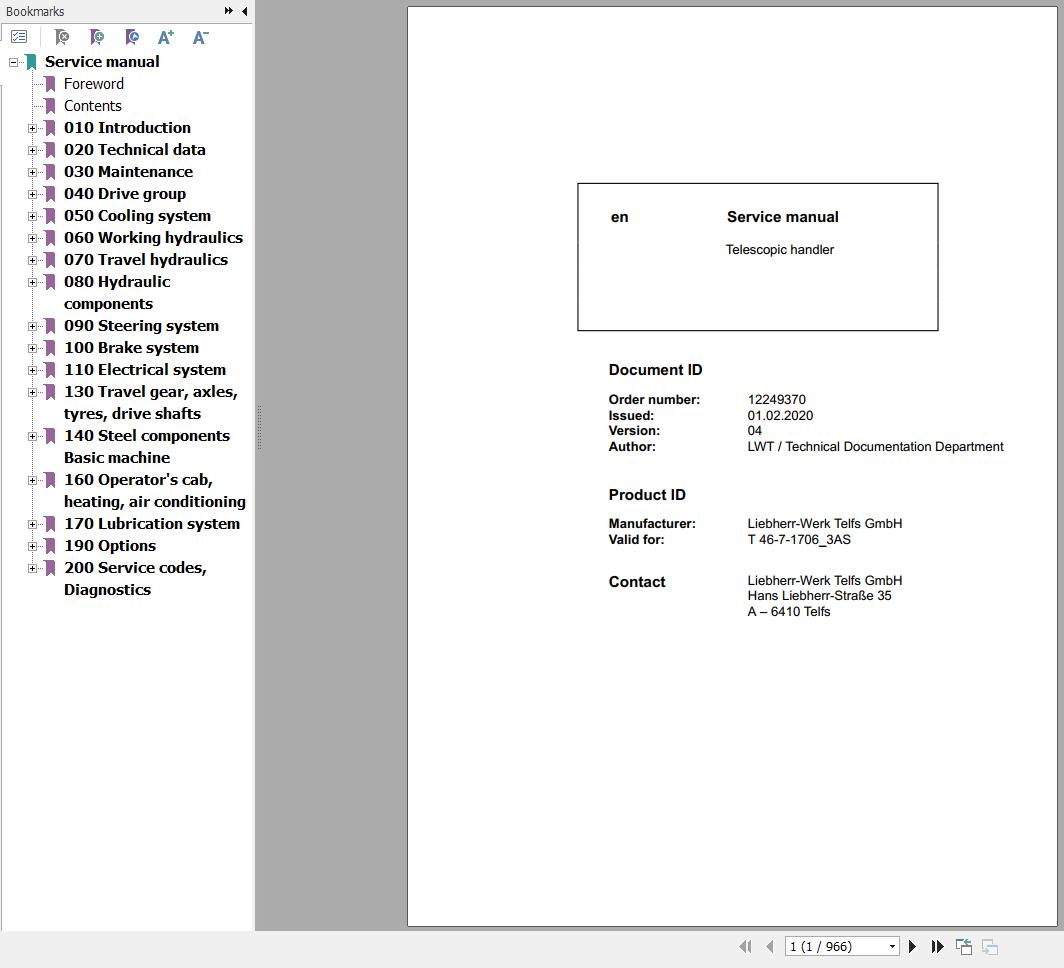 Liebherr Telescopic Handler T46 7 1706 3AS Service Manual 12249370 2020 1