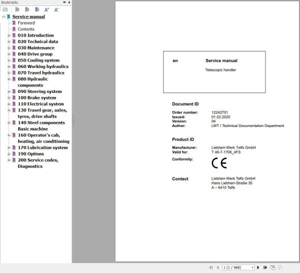 Liebherr Telescopic Handler T46 7 1706 4FS Service Manual 12242701 2020 1