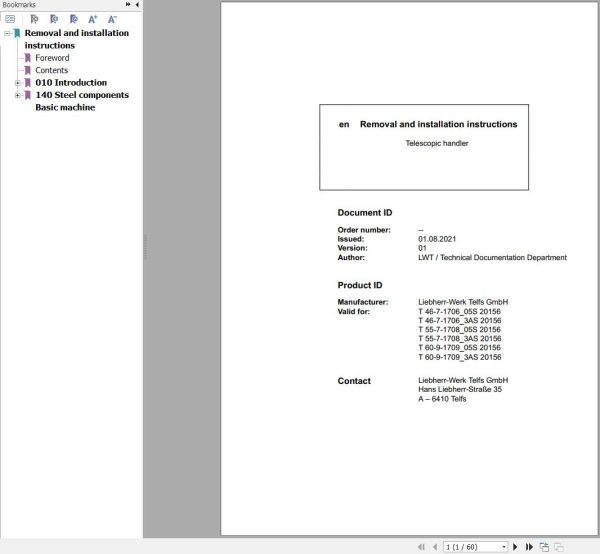 Liebherr Telescopic Handler T46 7 T55 7 T60 7 Removal And Installation Instructions 1