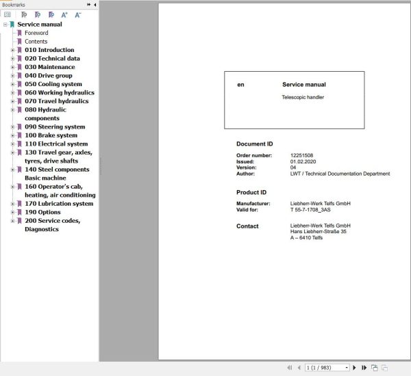 Liebherr Telescopic Handler T55 7 1708 3AS Service Manual 12251508 2020 1