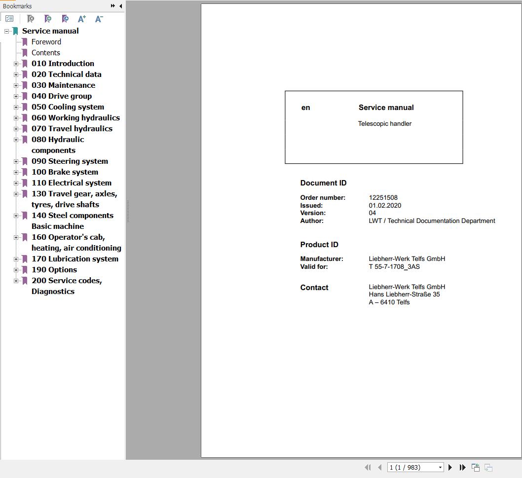 Liebherr Telescopic Handler T55 7 1708 3AS Service Manual 12251508 2020 1