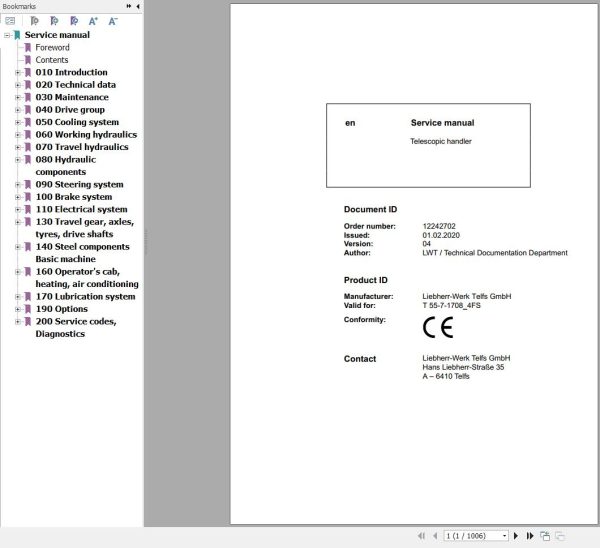 Liebherr Telescopic Handler T55 7 1708 4FS Service Manual 12242702 2020 1