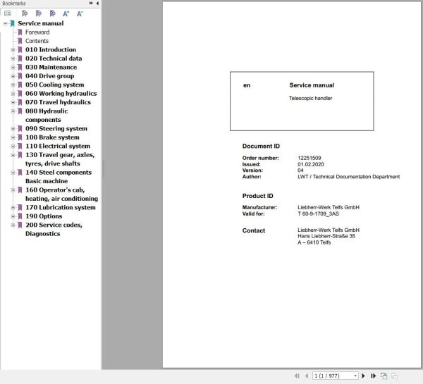 Liebherr Telescopic Handler T60 9 1709 3AS Service Manual 12251509 2020 1