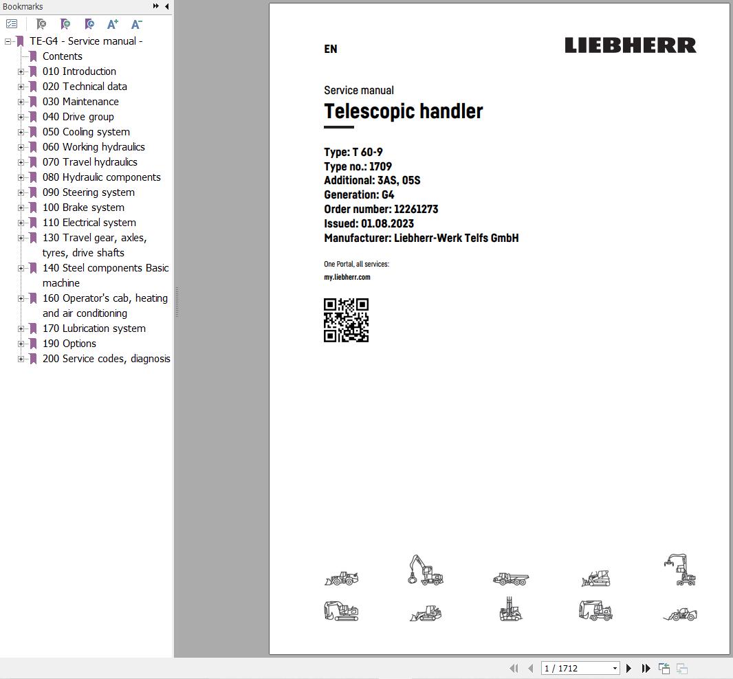 Liebherr Telescopic Handler T60 9 1709 3AS Service Manual 12261273 2023 1
