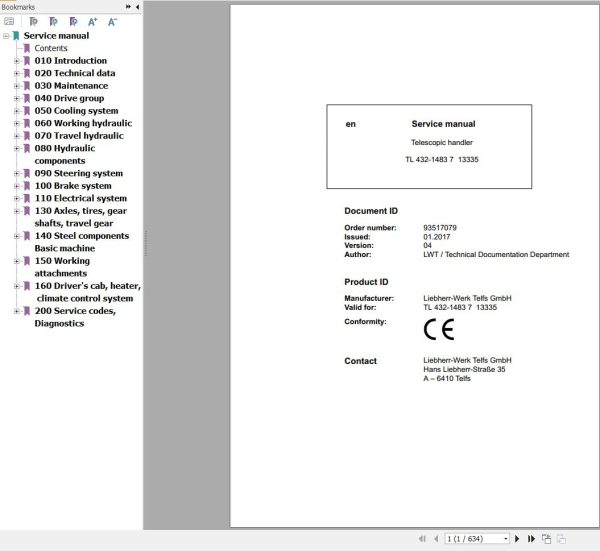 Liebherr Telescopic Handler TL432 1483 7 13335 Service Manual 93517079 1