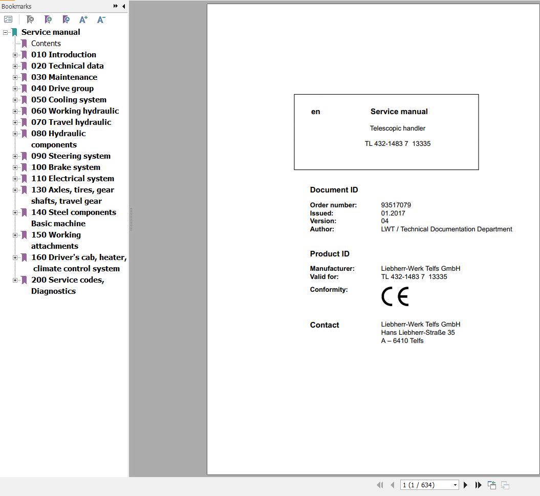 Liebherr Telescopic Handler TL432 1483 7 13335 Service Manual 93517079 1