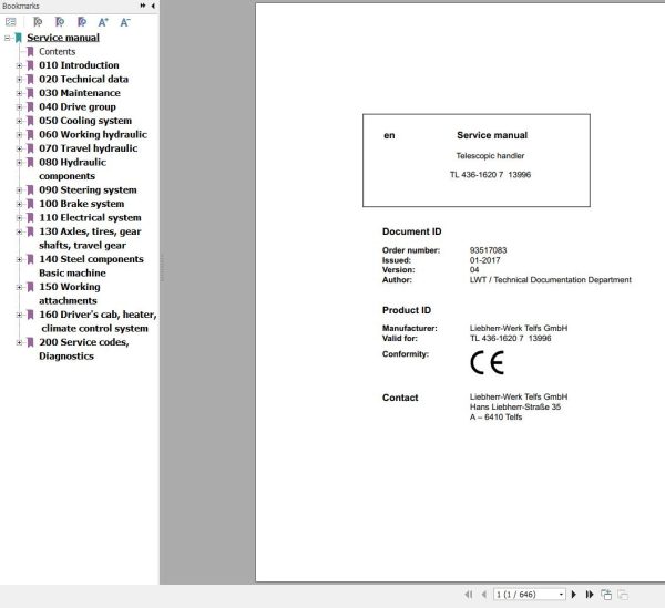 Liebherr Telescopic Handler TL436 1620 7 13996 Service Manual 93517083 1