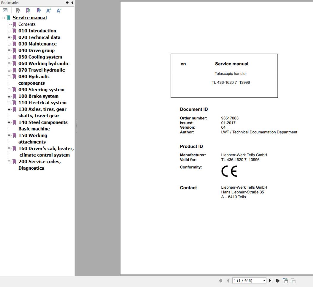 Liebherr Telescopic Handler TL436 1620 7 13996 Service Manual 93517083 1