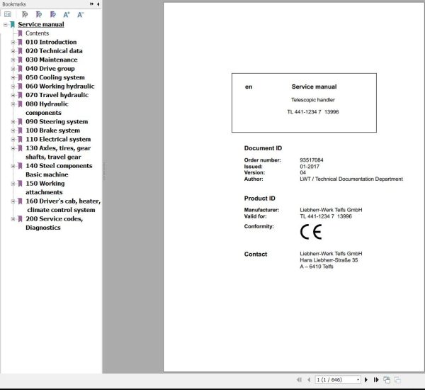 Liebherr Telescopic Handler TL441 1234 7 13996 Service Manual 93517084 1