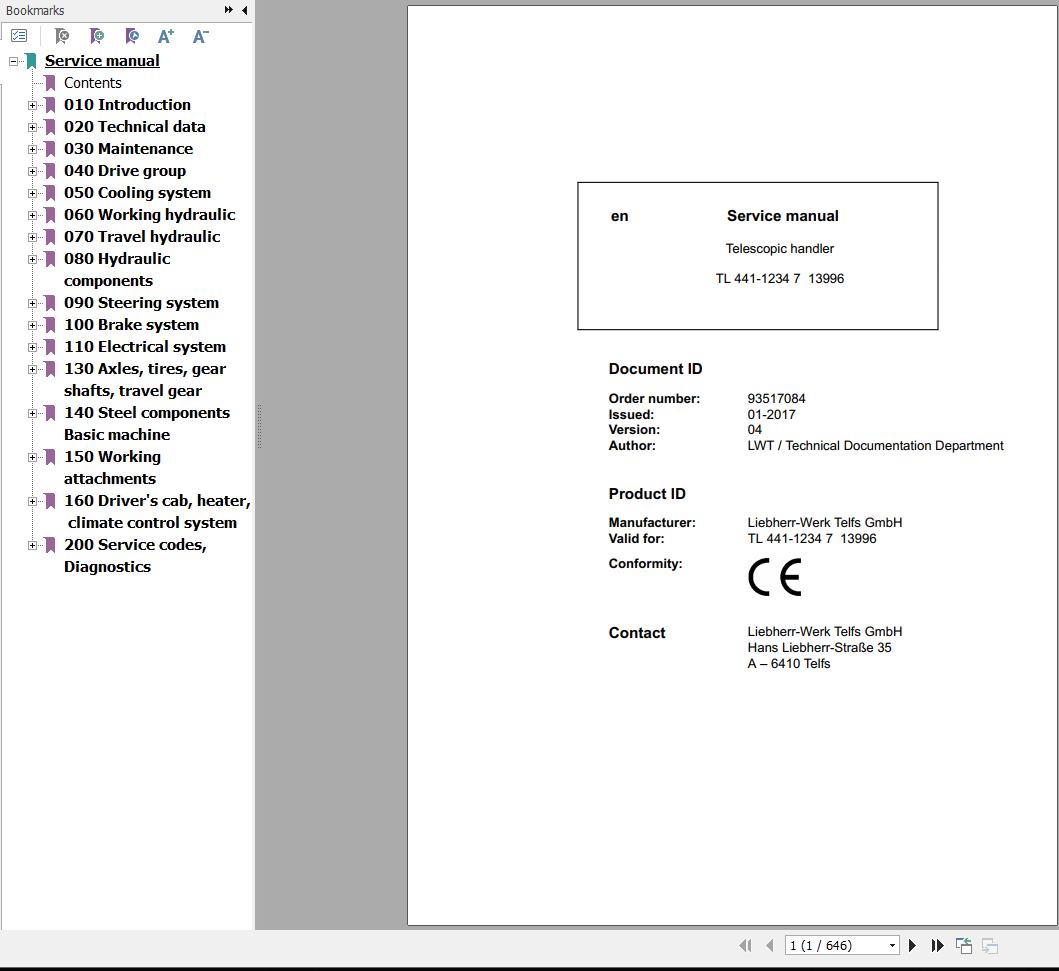 Liebherr Telescopic Handler TL441 1234 7 13996 Service Manual 93517084 1