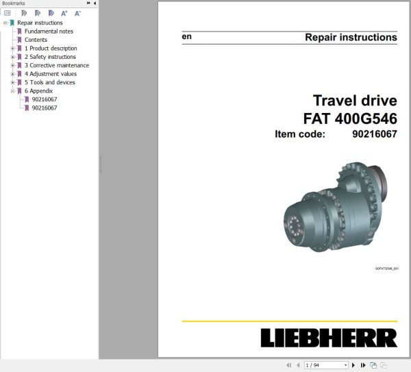 Liebherr Travel Drive FAT400G546 Repair Instructions Manual 90216067 2022 1